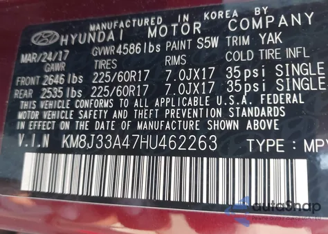 2017 Hyundai Tucson Se z USA, uszkodzony, nr VIN KM8J33A47HU462263